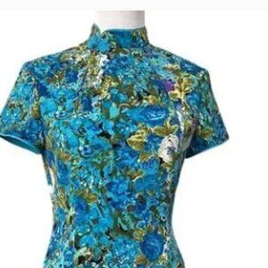 Jane Story Women’s Dress Blue Floral Mandarin Collar